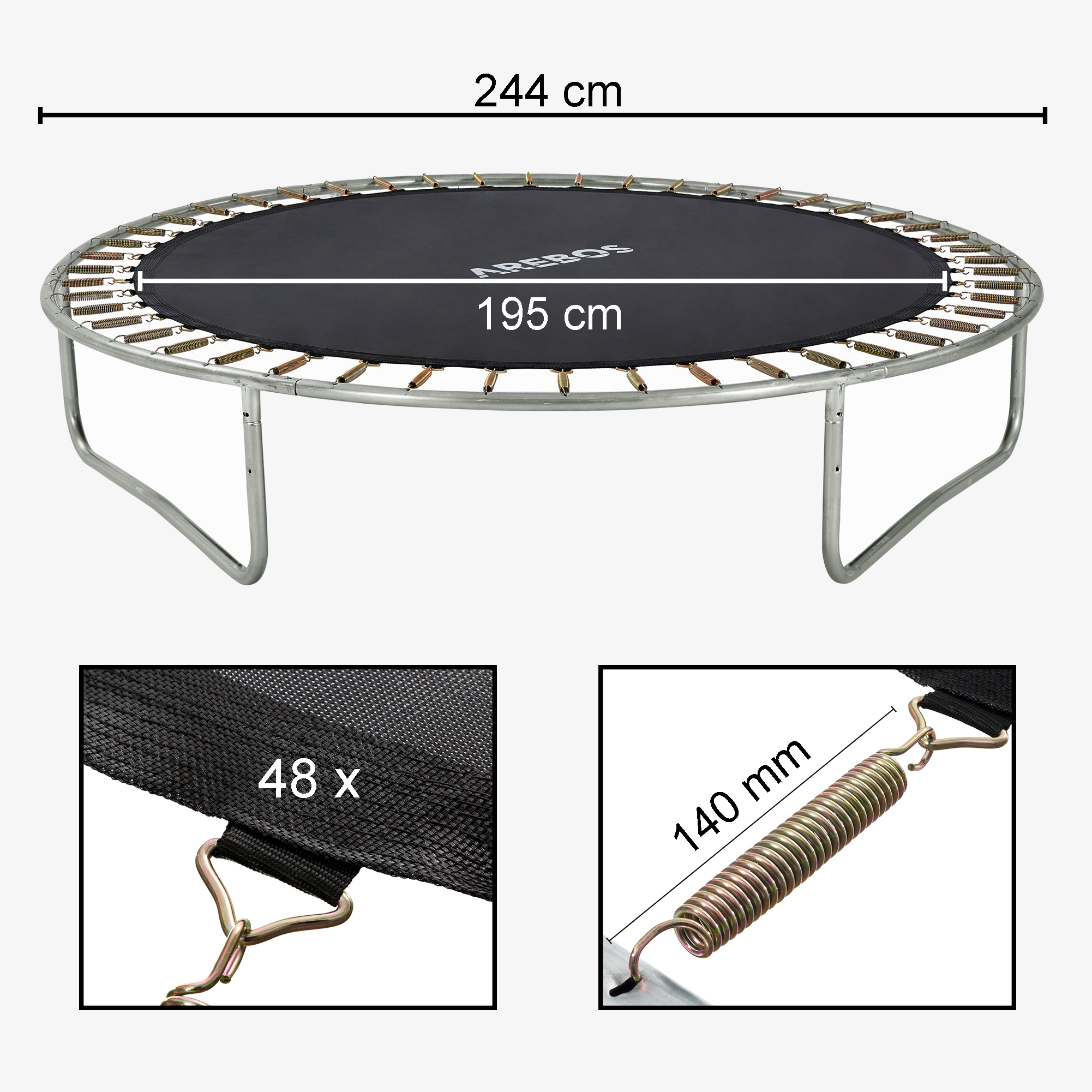 Arebos Springmat voor trampoline Ø 244cm/8feet, Ø mat 195cm, 48 ogen, veerlengte 140mm