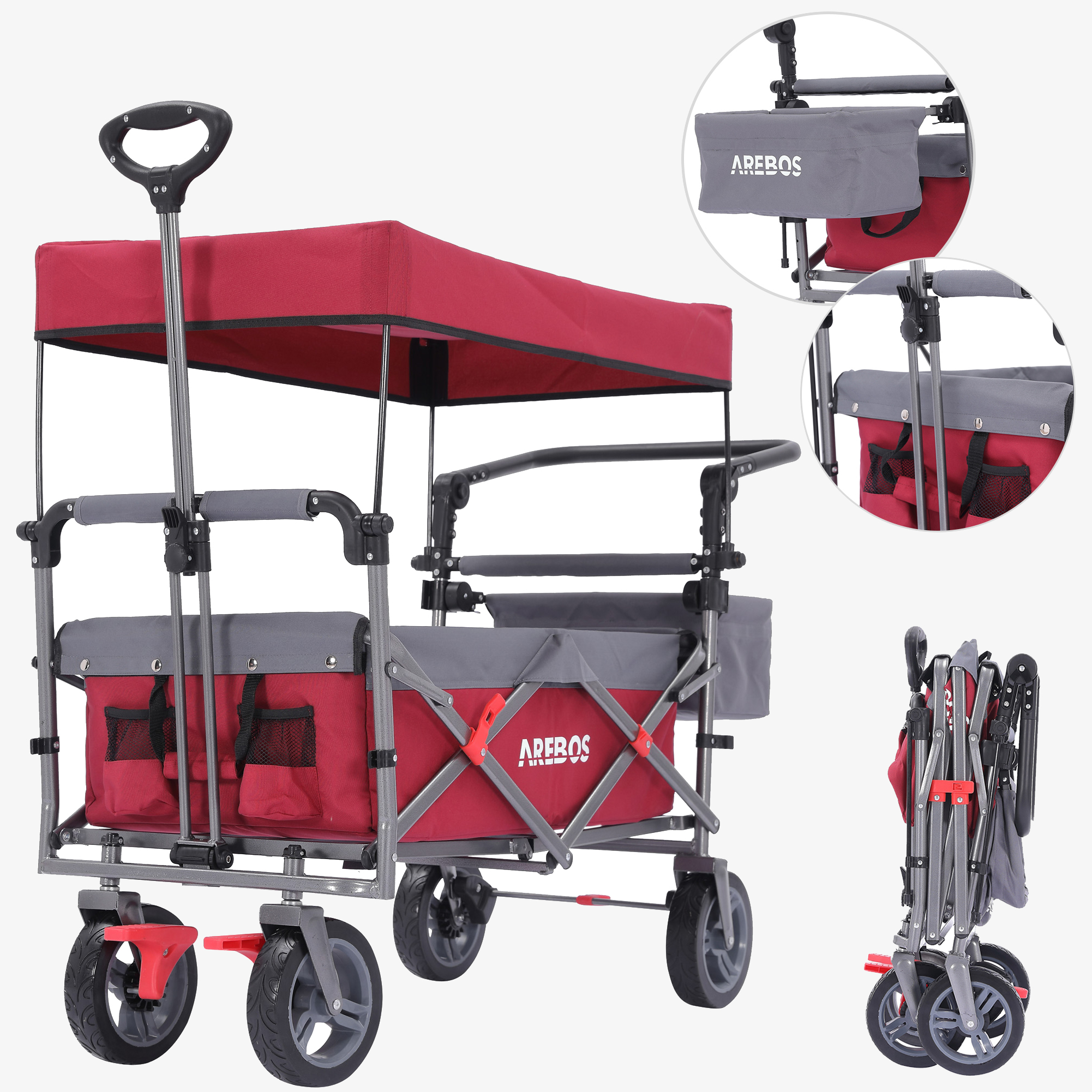 Arebos Bolderkar PREMIUM - opvouwbaar met dak, XXL tas, tot 100kg, grote wielen