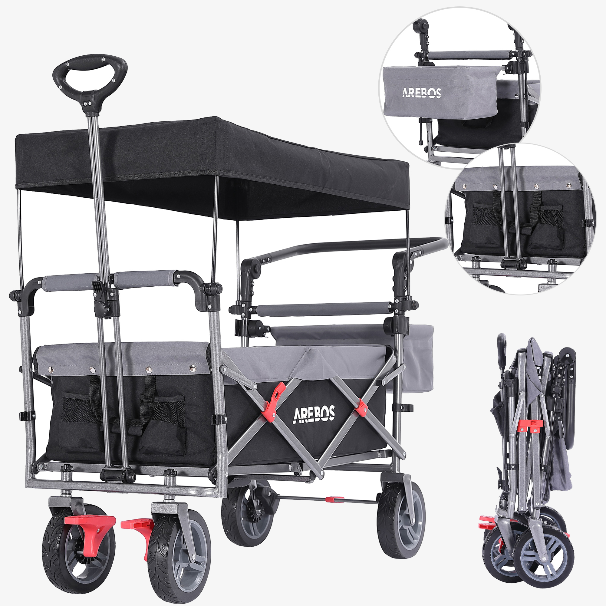 Arebos Bolderkar PREMIUM - opvouwbaar met dak, XXL tas, tot 100kg, grote wielen