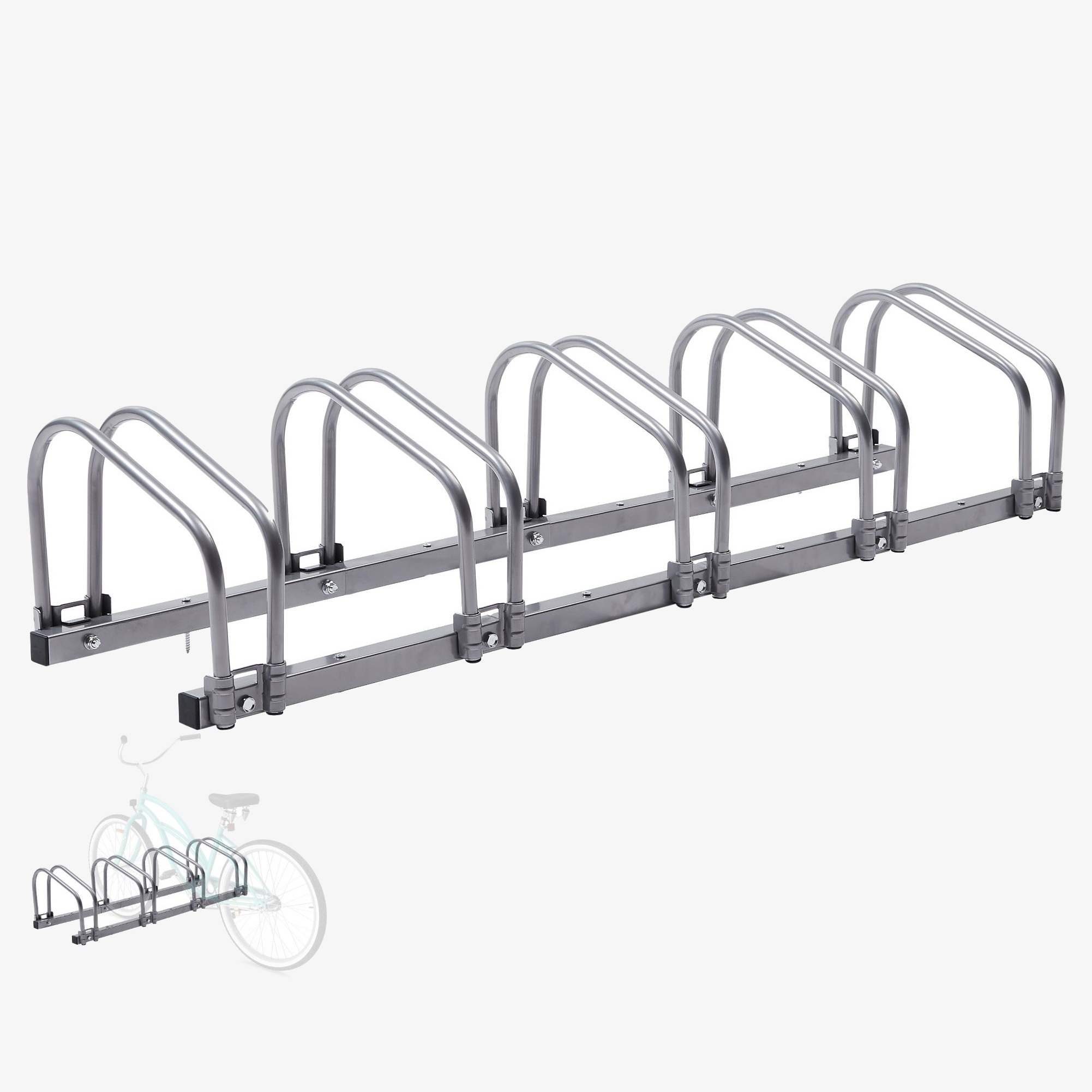 Arebos Fietsstandaard voor 5 fietsen | Afmetingen 130 x 30 x 26 cm | Vloer- of muurbevestiging | Zilveren Fietsenrek