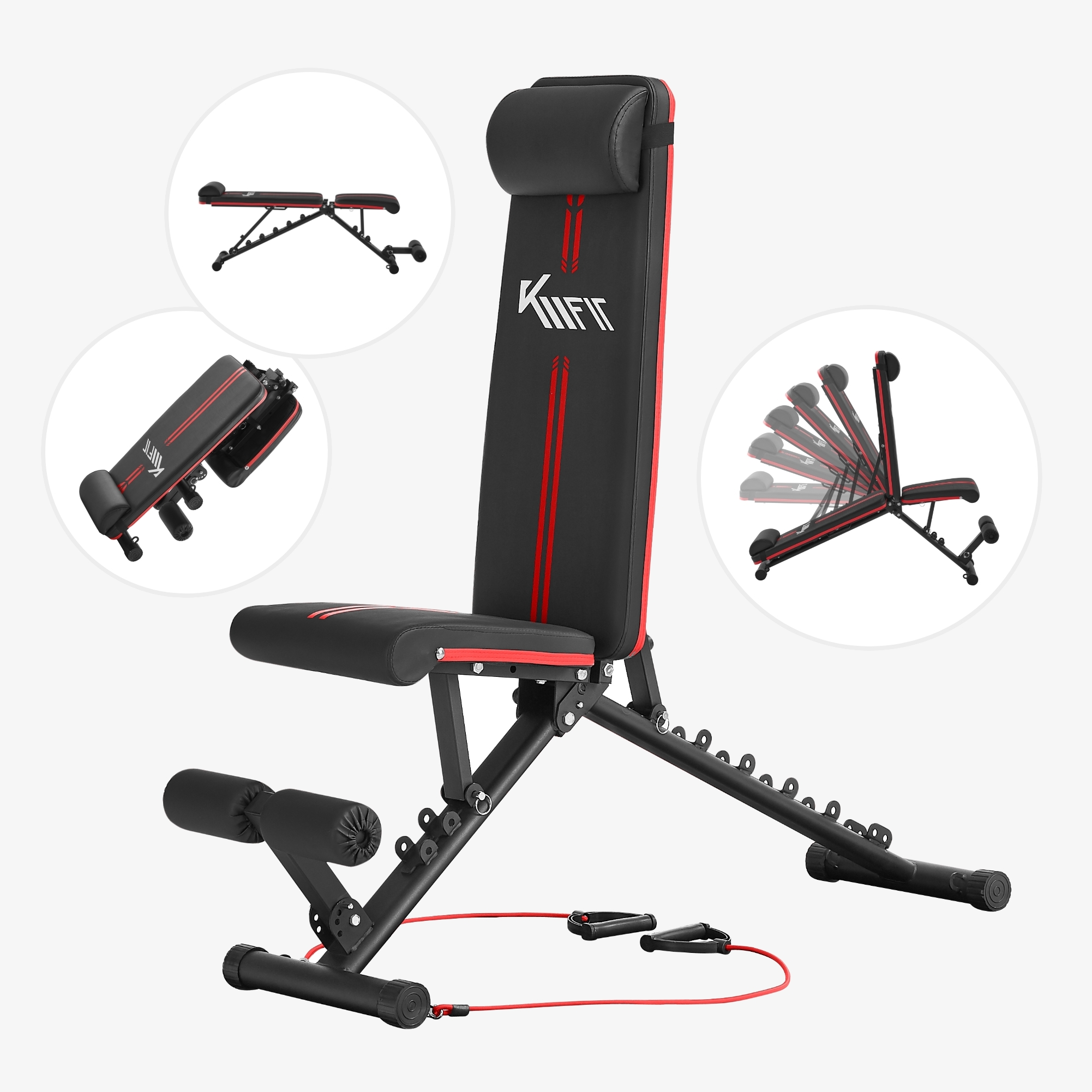 KM-Fit Gewichtsbank 400 kg met krachttouwen, 6-voudig verstelbare zitting, full-body workout
