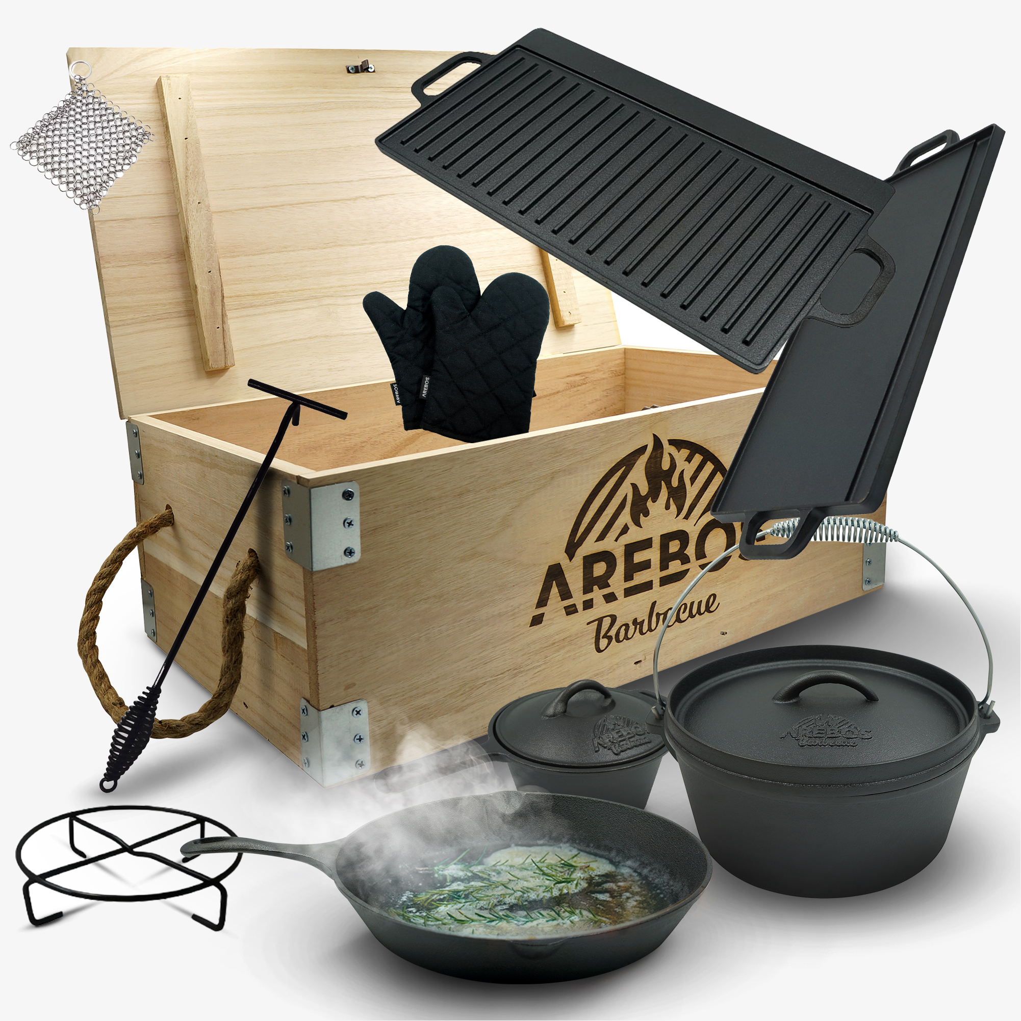 Arebos Dutch Oven Set van gietijzer in houten kist met veel accessoires, incl. beschermende handschoenen