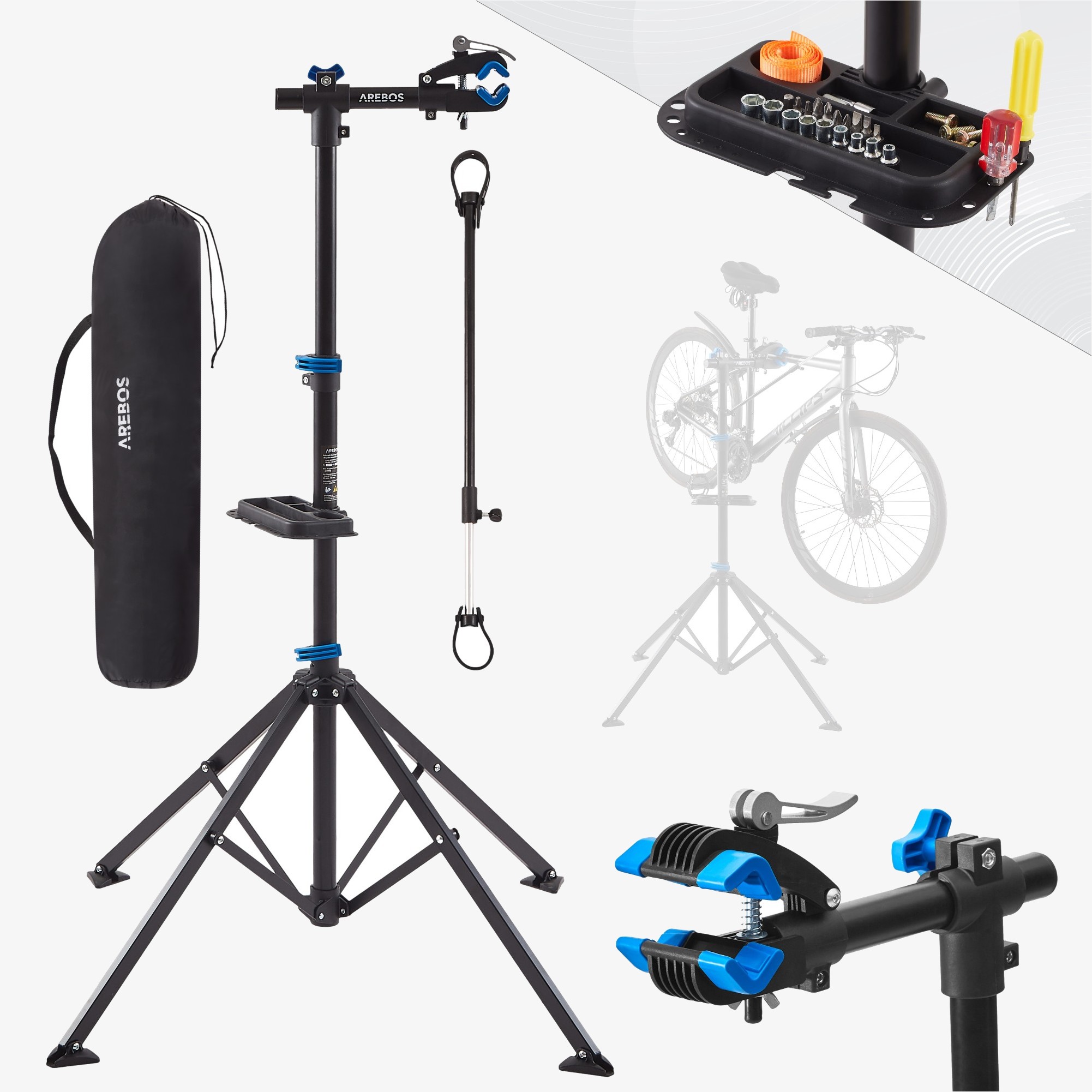 Arebos Fiets Reparatiestandaard, Hoogte Verstelbaar 122-188 cm, Traploos Draaibaar, Belastbaar tot 30 kg, Inclusief Draagtas