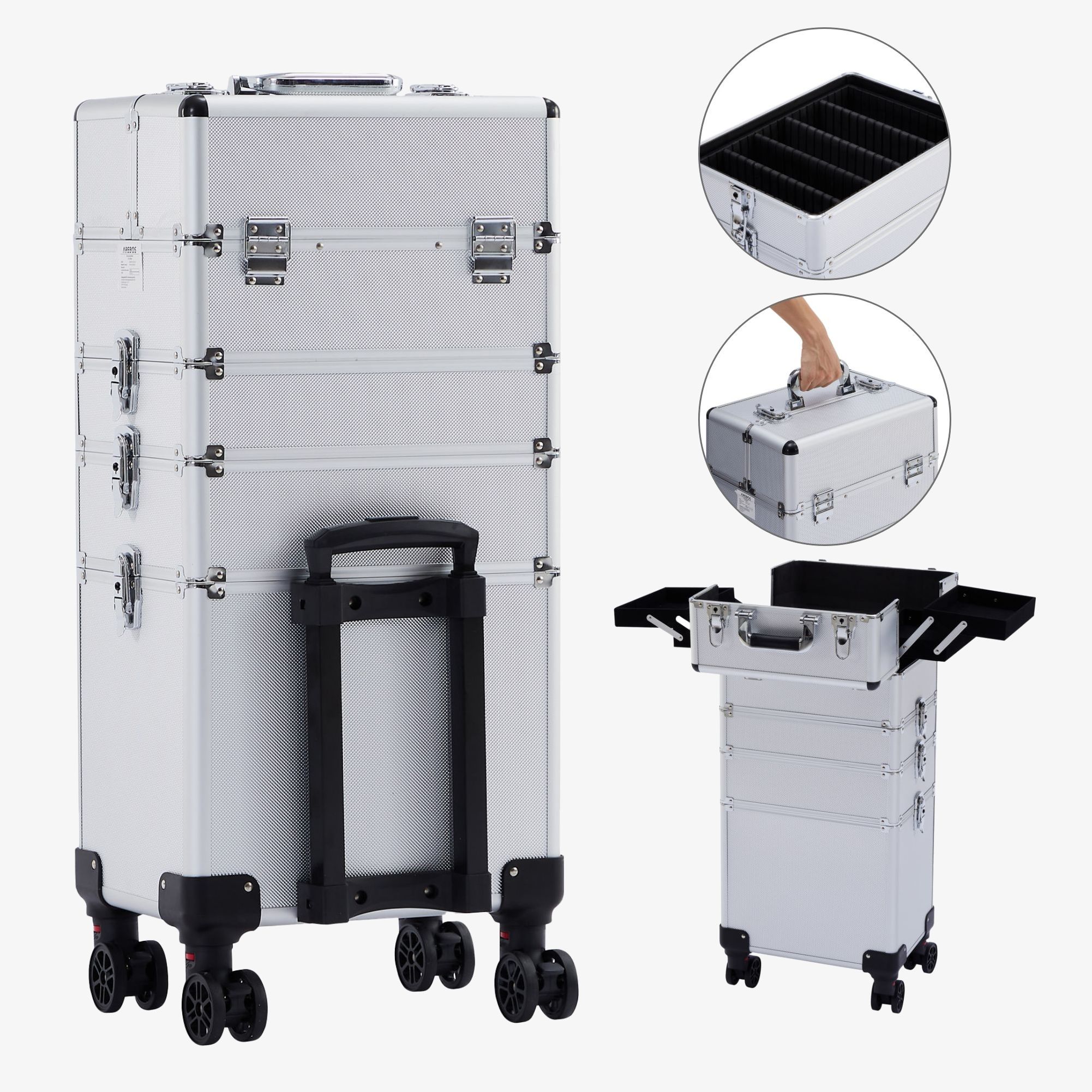 Arebos 4in1 beautycase - Trolley, aluminium, 4+1 vakken, fluwelen inleg, incl.slot