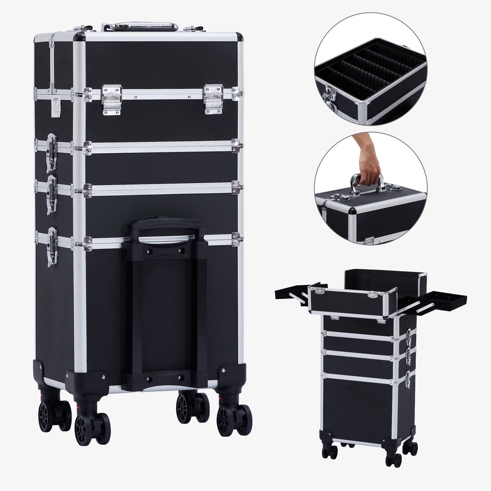Arebos 4in1 beautycase - Trolley, aluminium, 4+1 vakken, fluwelen inleg, incl.slot
