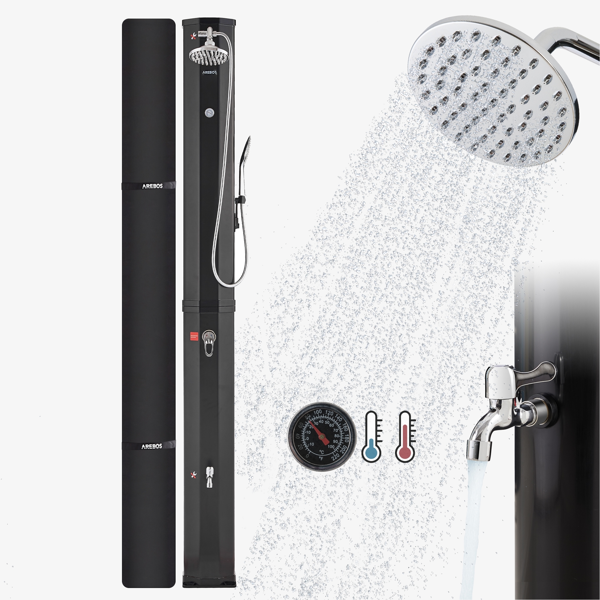 Arebos Solar douche 60L met thermometer en handdouche zwart met klik- en snelkoppeling