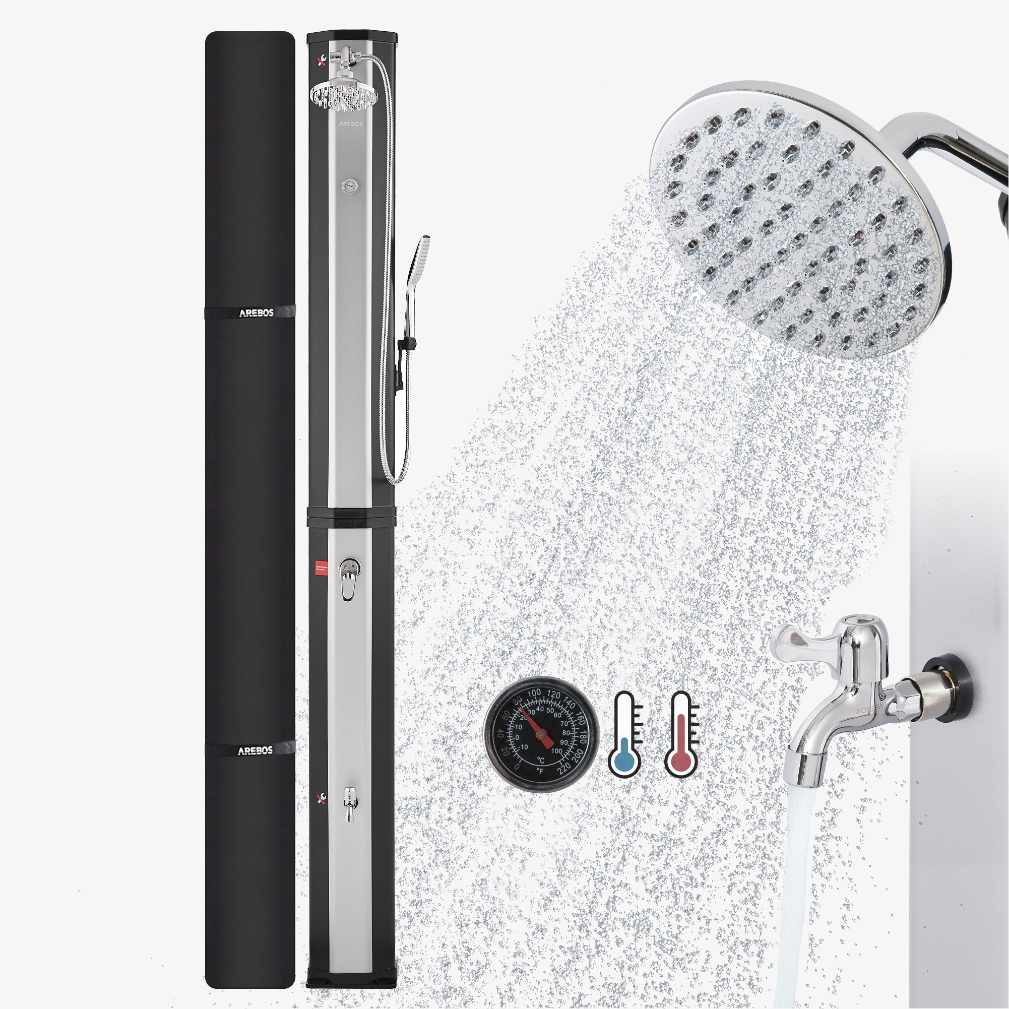 Arebos Solar Shower 60L met Handdouche en Themometer zwart/zilver, Snap IN en Quick Connect