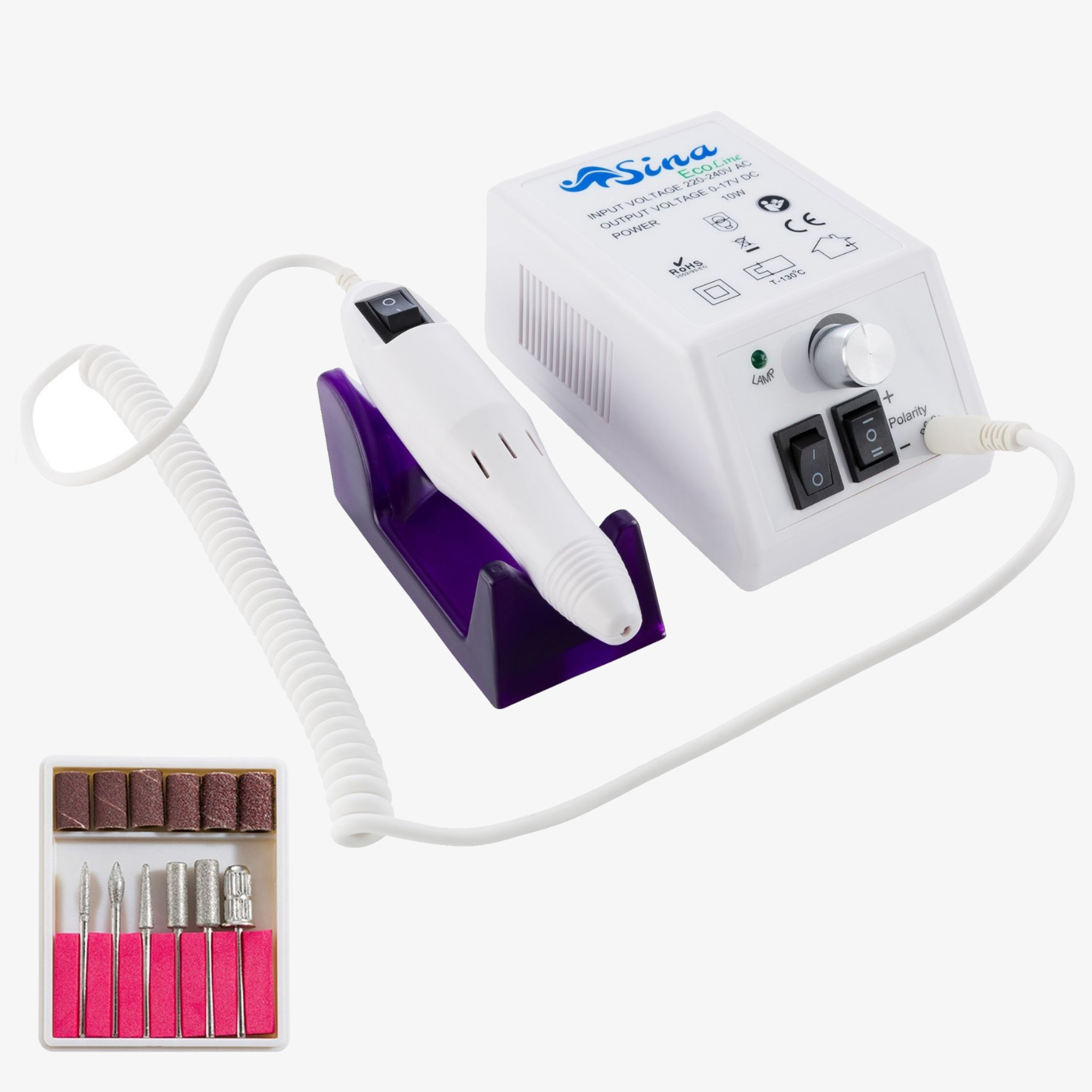 SINA Nagelfrees Set Manicure slijper Kit Eco line Wit - Elektrische nagelvijl met 6 bits