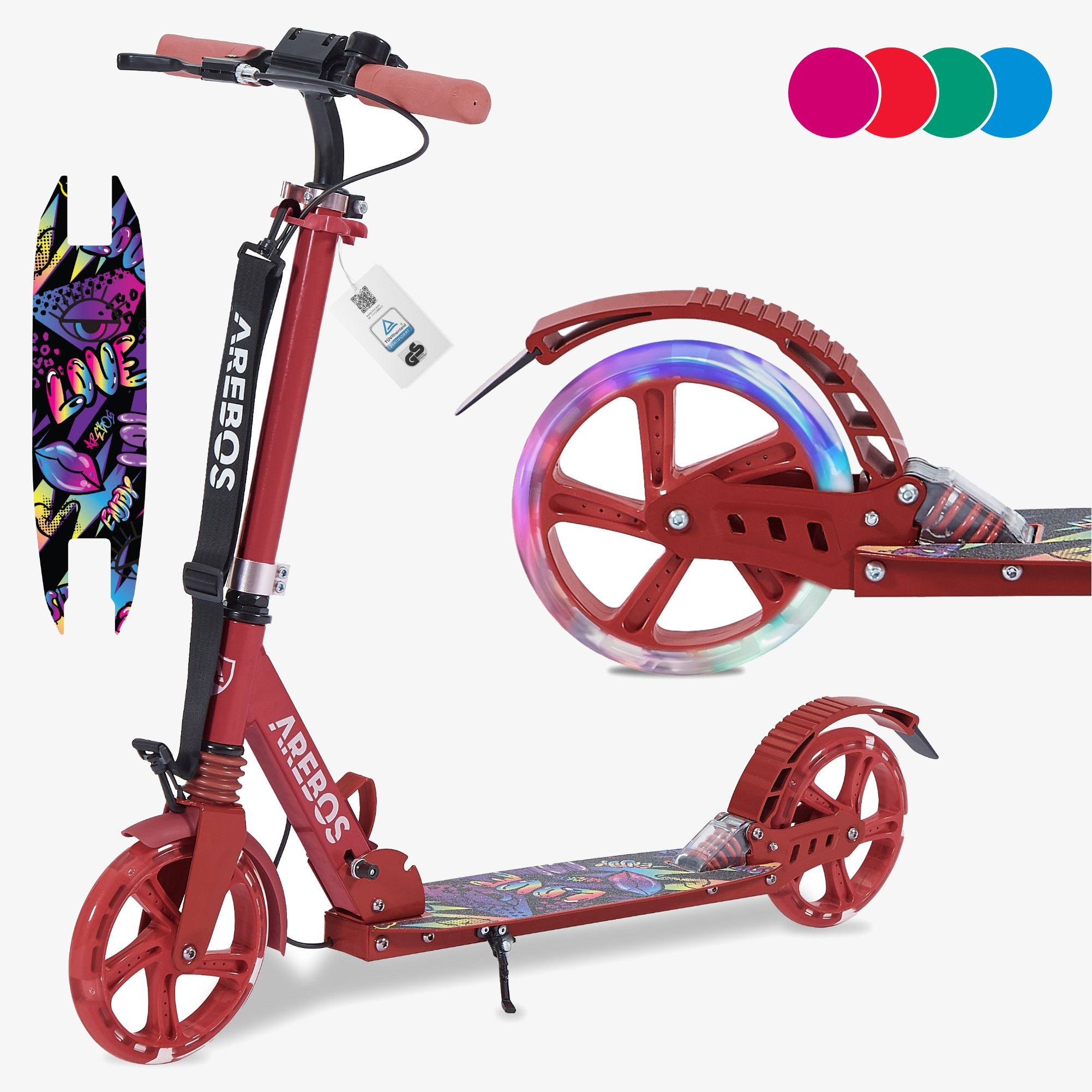 Arebos Scooter met LED-banden, hand- & traprem, bel, kickstand, draagriem