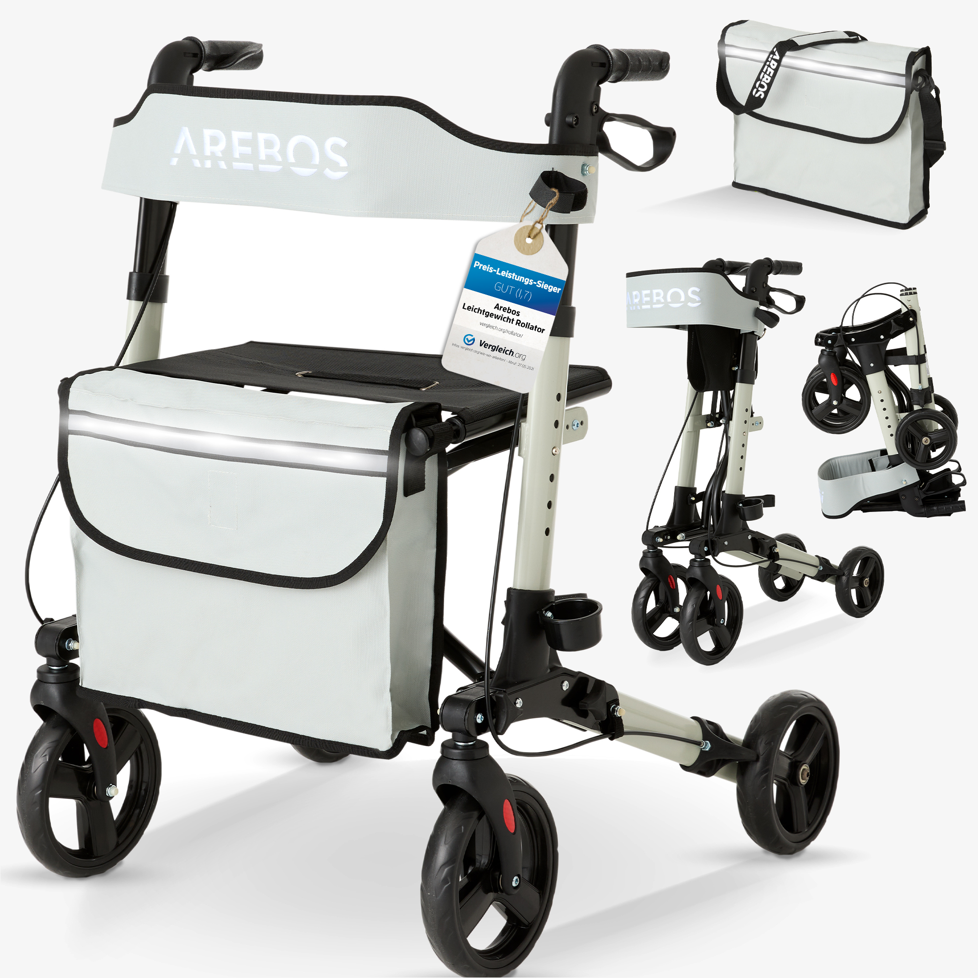 Arebos Lichtgewicht rollator - aluminium, verstelbaar, zitting, wandelstokhouder, boodschappentas, opvouwbaar