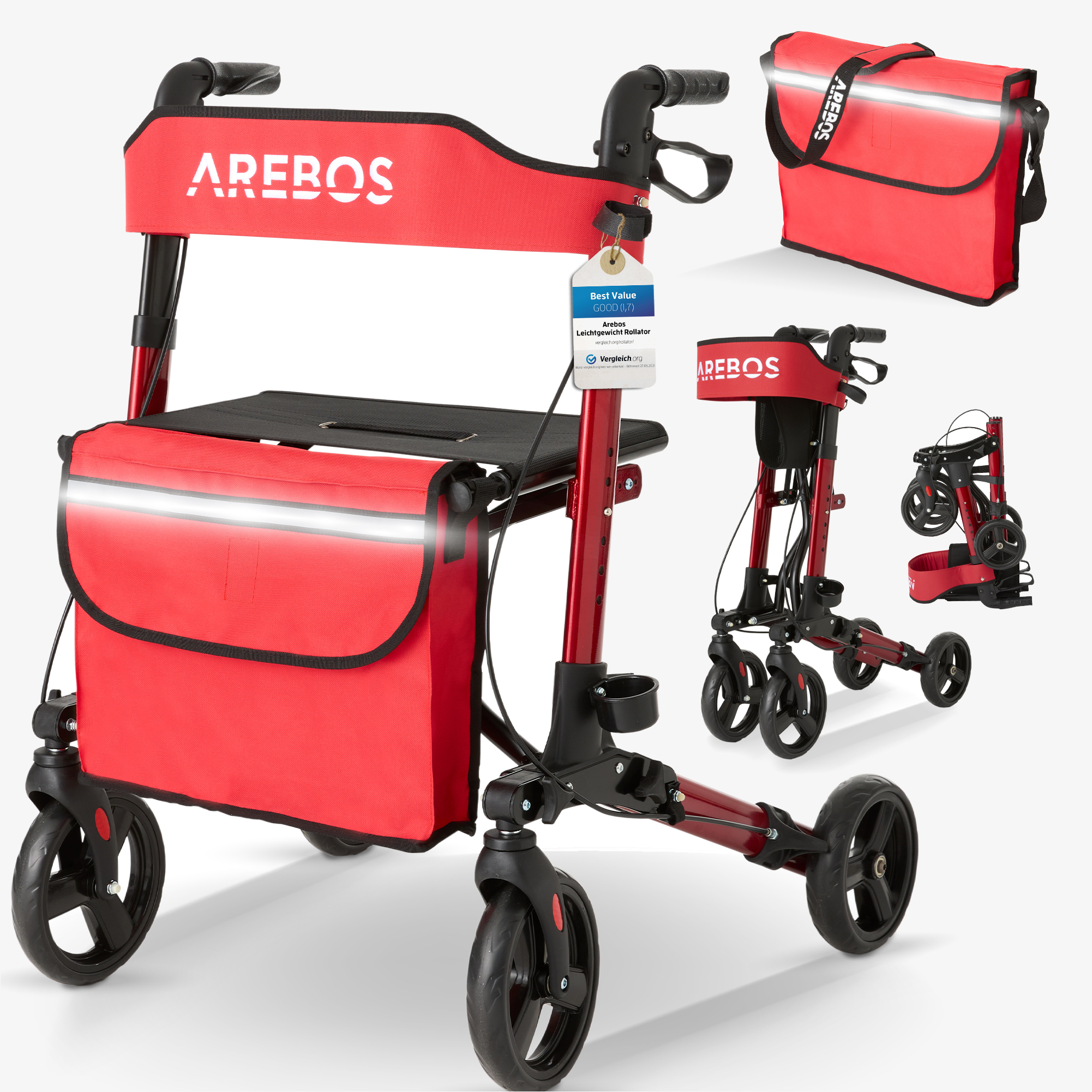 Arebos Lichtgewicht rollator - aluminium, verstelbaar, zitting, wandelstokhouder, boodschappentas, opvouwbaar