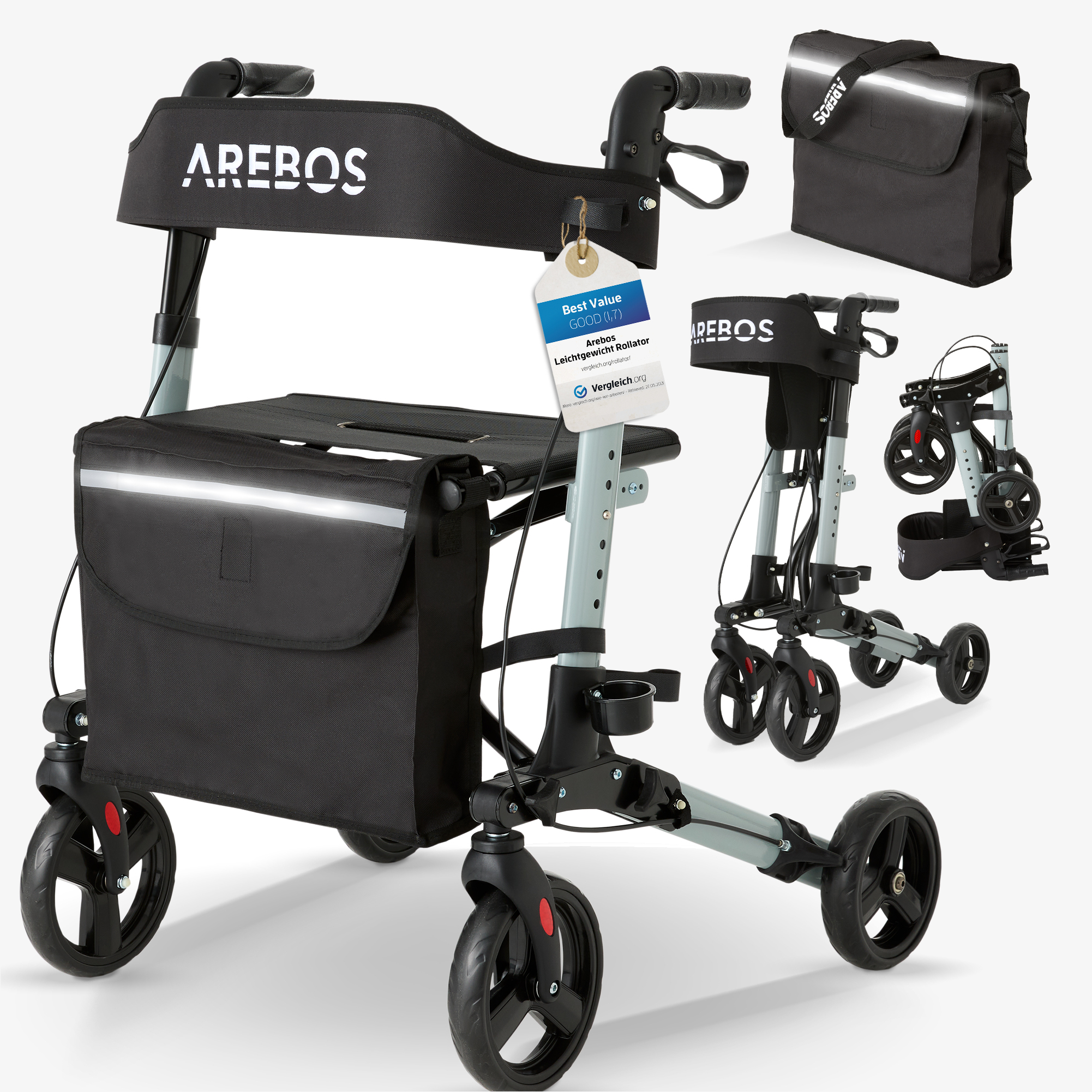 Arebos Lichtgewicht rollator - aluminium, verstelbaar, zitting, wandelstokhouder, boodschappentas, opvouwbaar