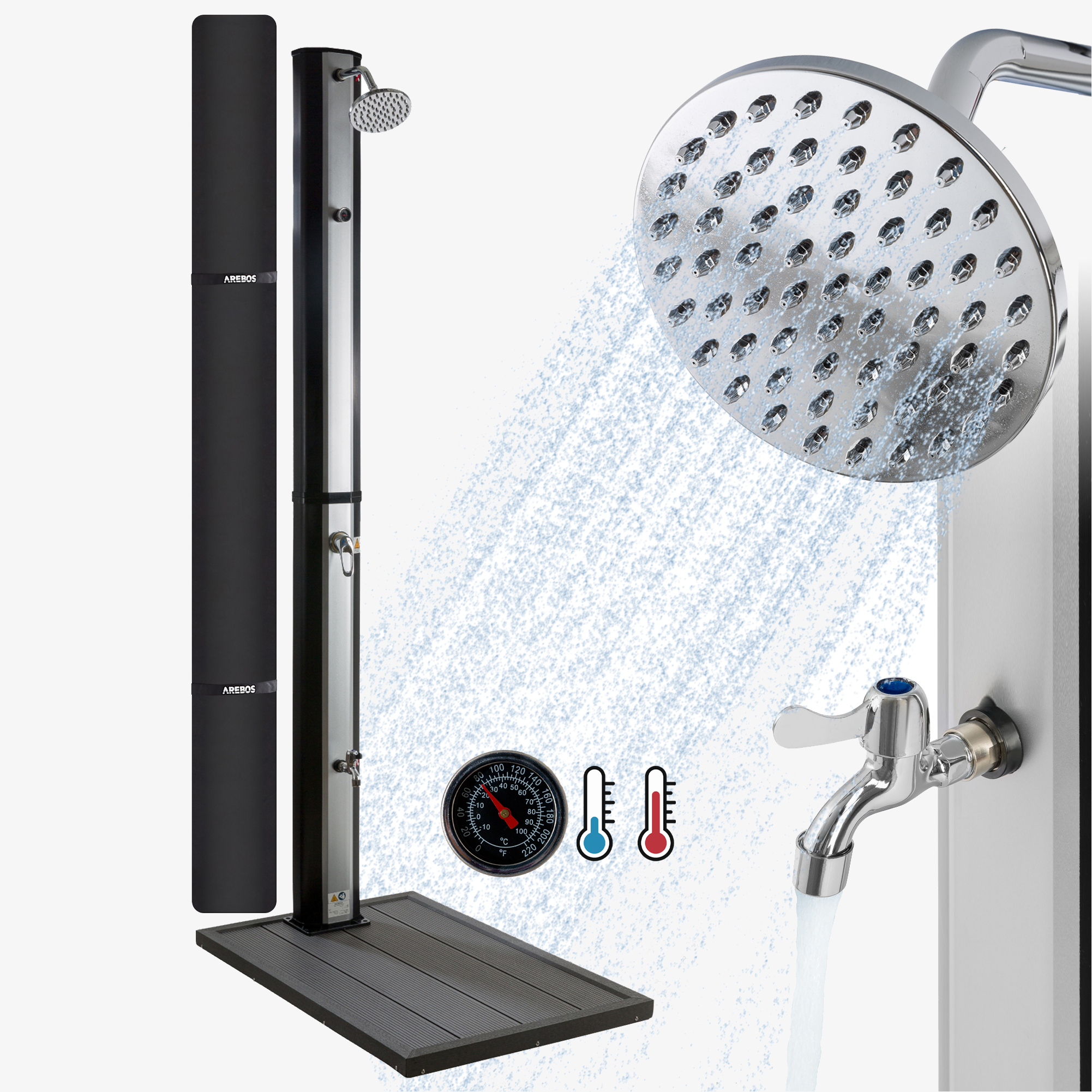 Arebos Zonnedouche 35L zilver & vloerelement antraciet, incl. motorkap & voetdouche