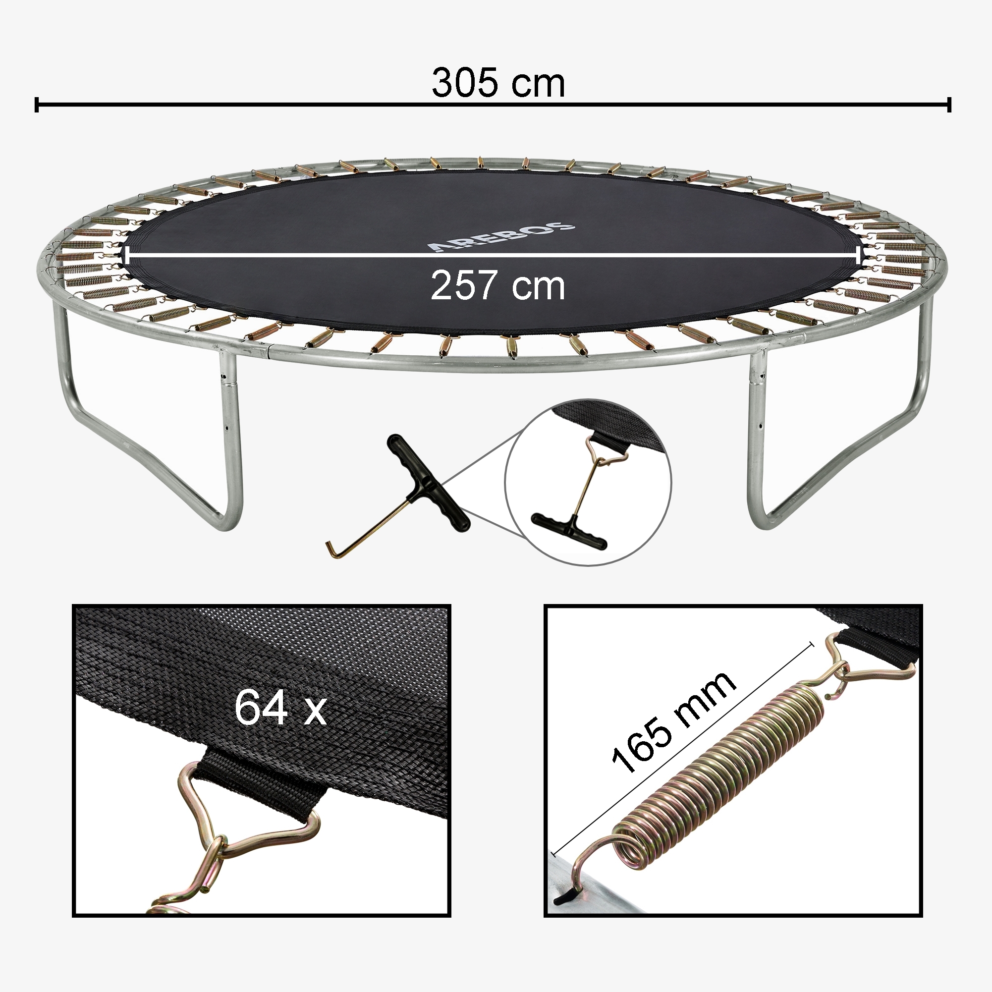 Arebos Springmat voor trampoline Ø 305cm/10feet, Ø mat 264cm, 64 ogen, veerlengte 165mm