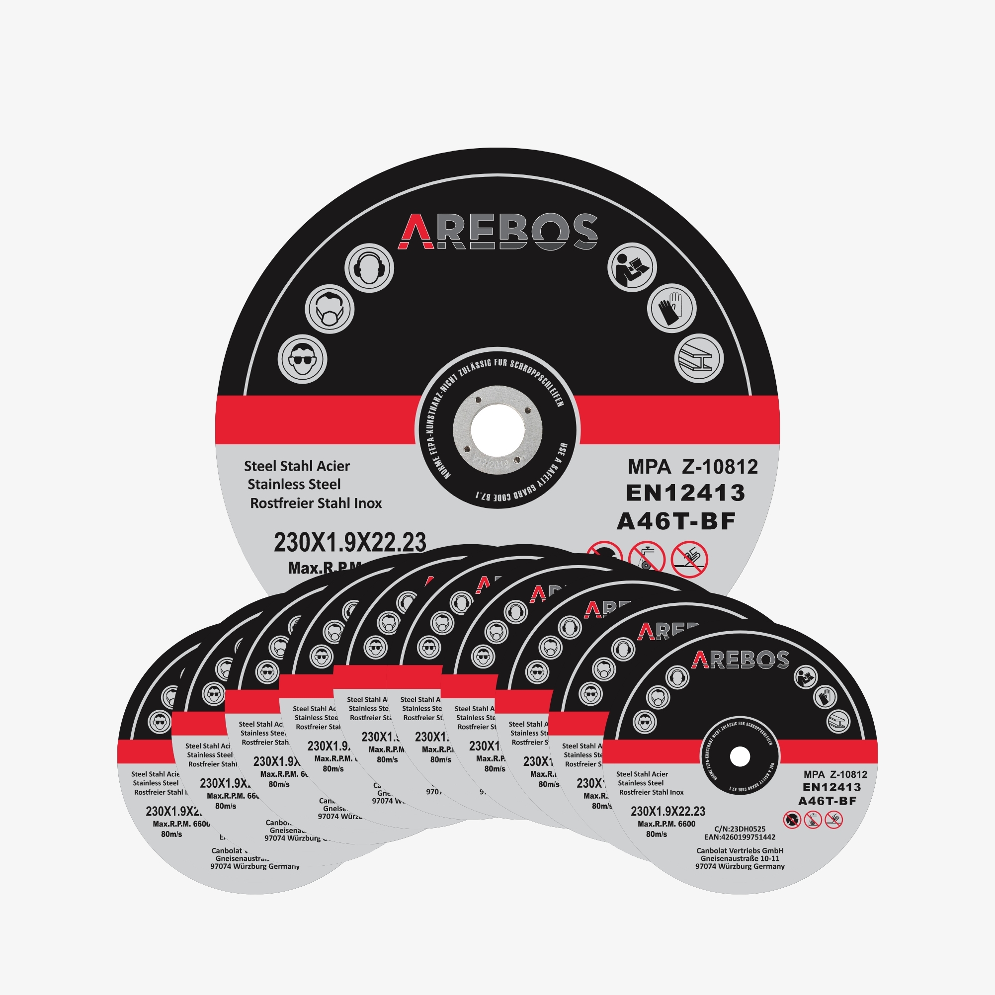 Arebos INOX snijschijven set - Flex-schijven 230 x 1,9 x 22,2 mm, voor roestvrij staal, metaal... - MPA getest - 100 stuks
