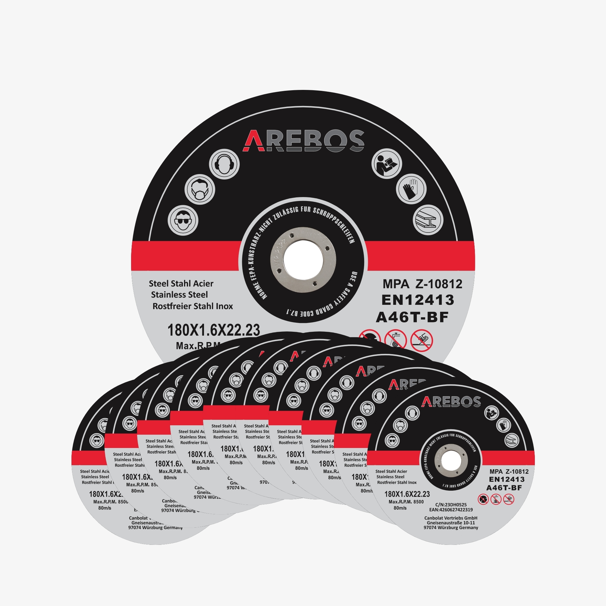 Arebos INOX snijschijven set - Flex-schijven 180 x 1,6 x 22,2 mm, voor roestvrij staal, metaal... - MPA getest - 50 stuks