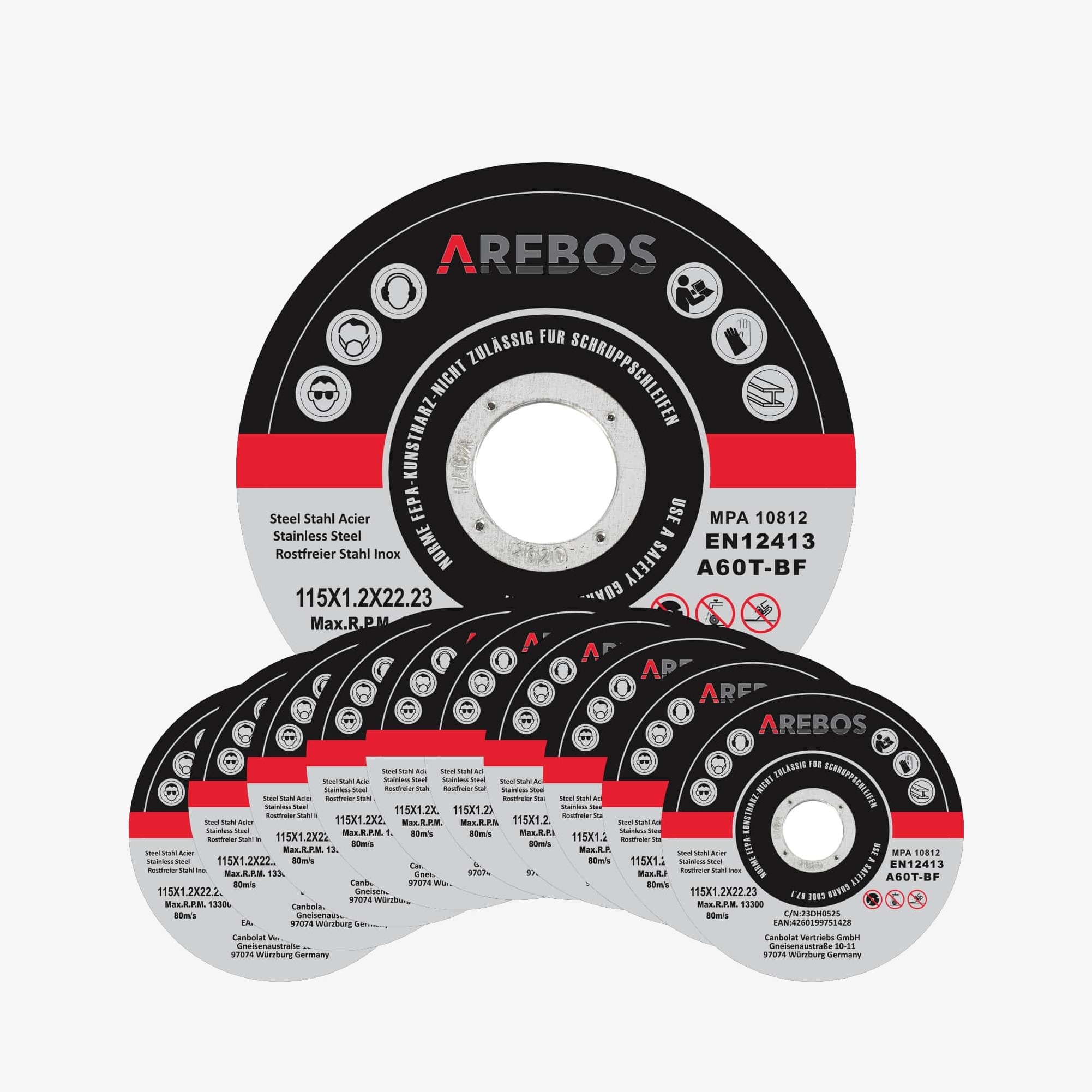 Arebos INOX snijschijven set - Flex-schijven 115 x 1,2 x 22,2 mm, voor roestvrij staal, metaal... - MPA getest - 400 stuks