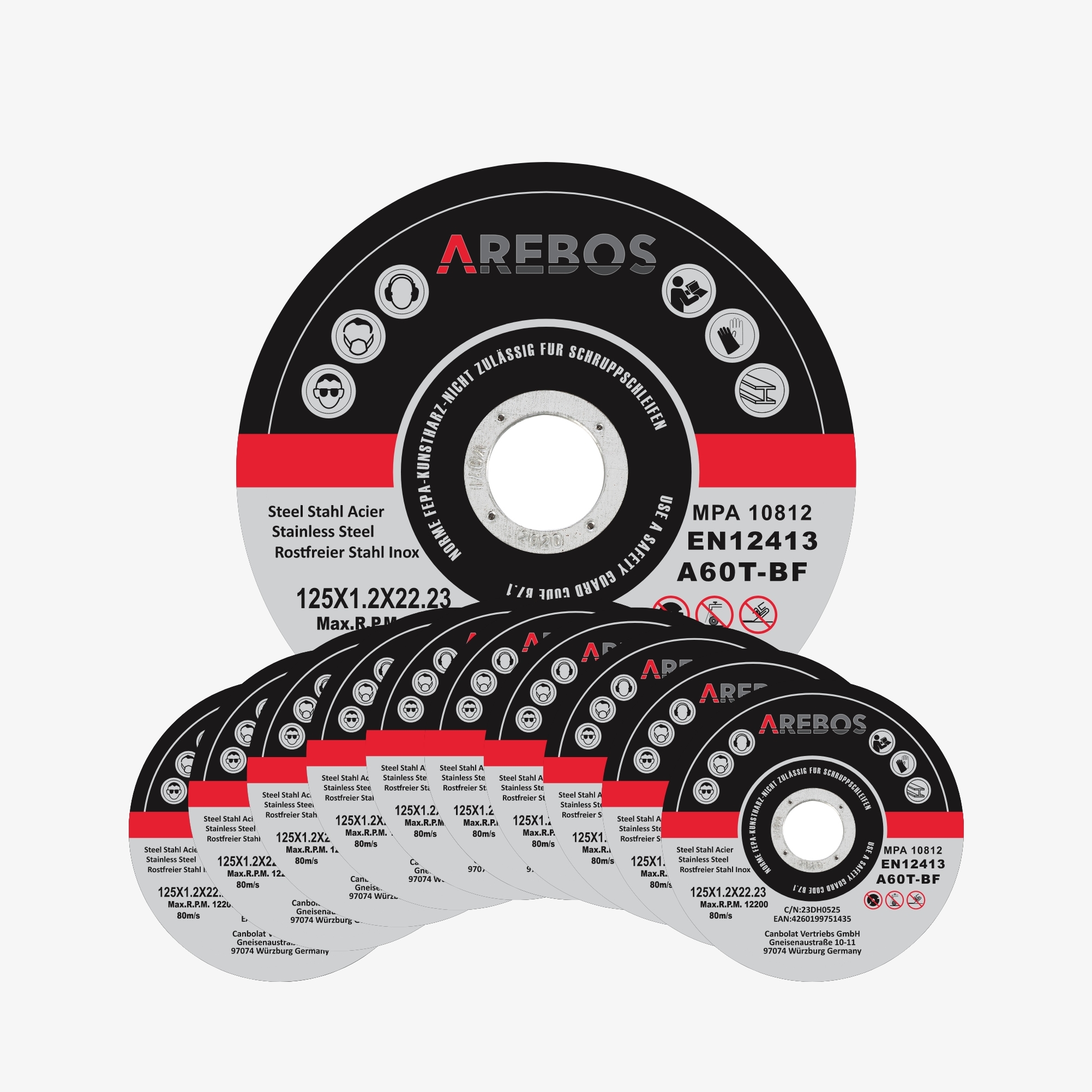 Arebos INOX snijschijven set - Flex-schijven 125 x 1,2 x 22,2 mm, voor roestvrij staal, metaal... - MPA getest - 400 stuks