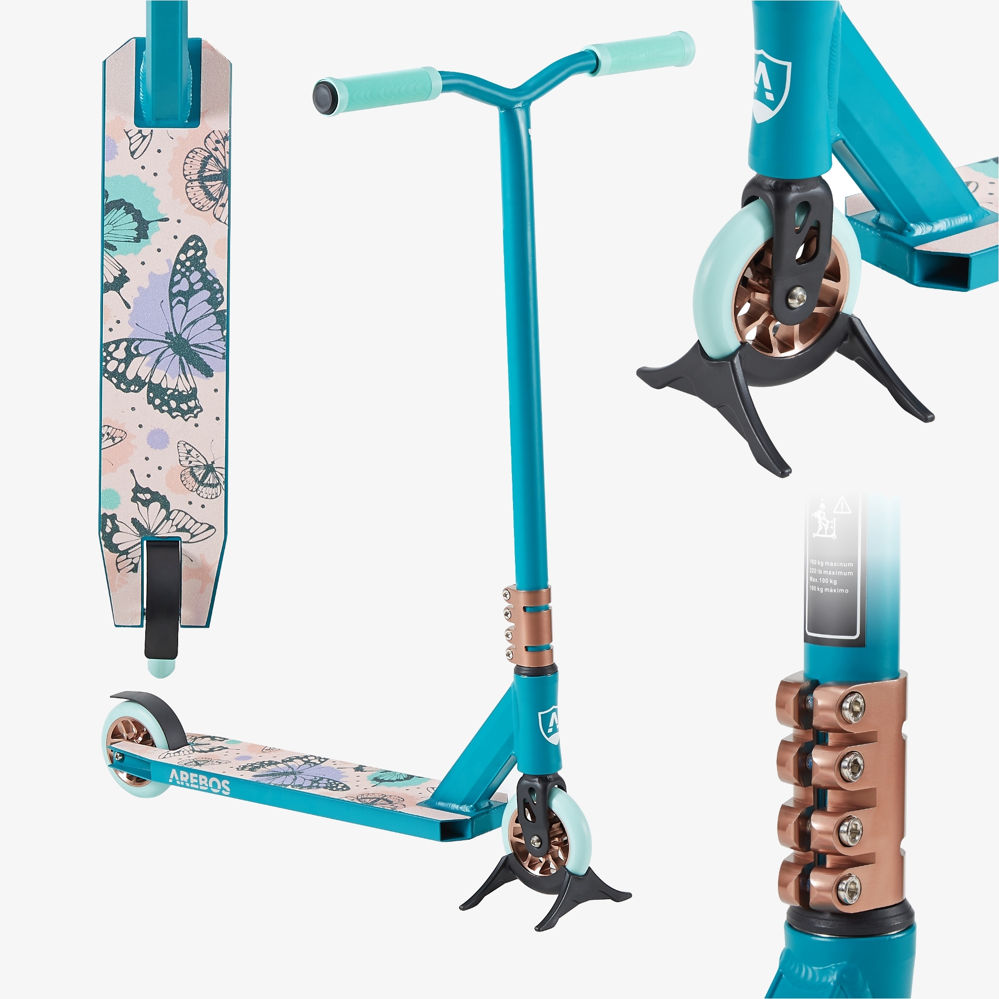 Arebos Stuntstep Turquoise - ABEC 9 kogellagers, max. belasting 100kg, incl. standaard