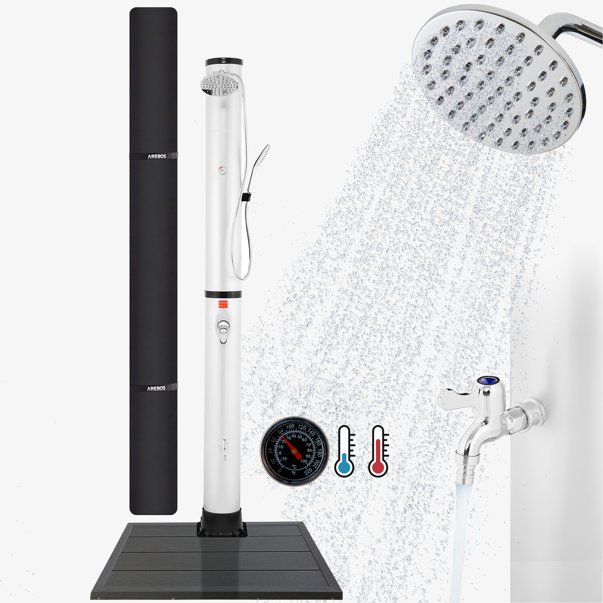 Arebos Solar douche 40L Premium & vloerelement houtlook, incl. motorkap & voetdouche