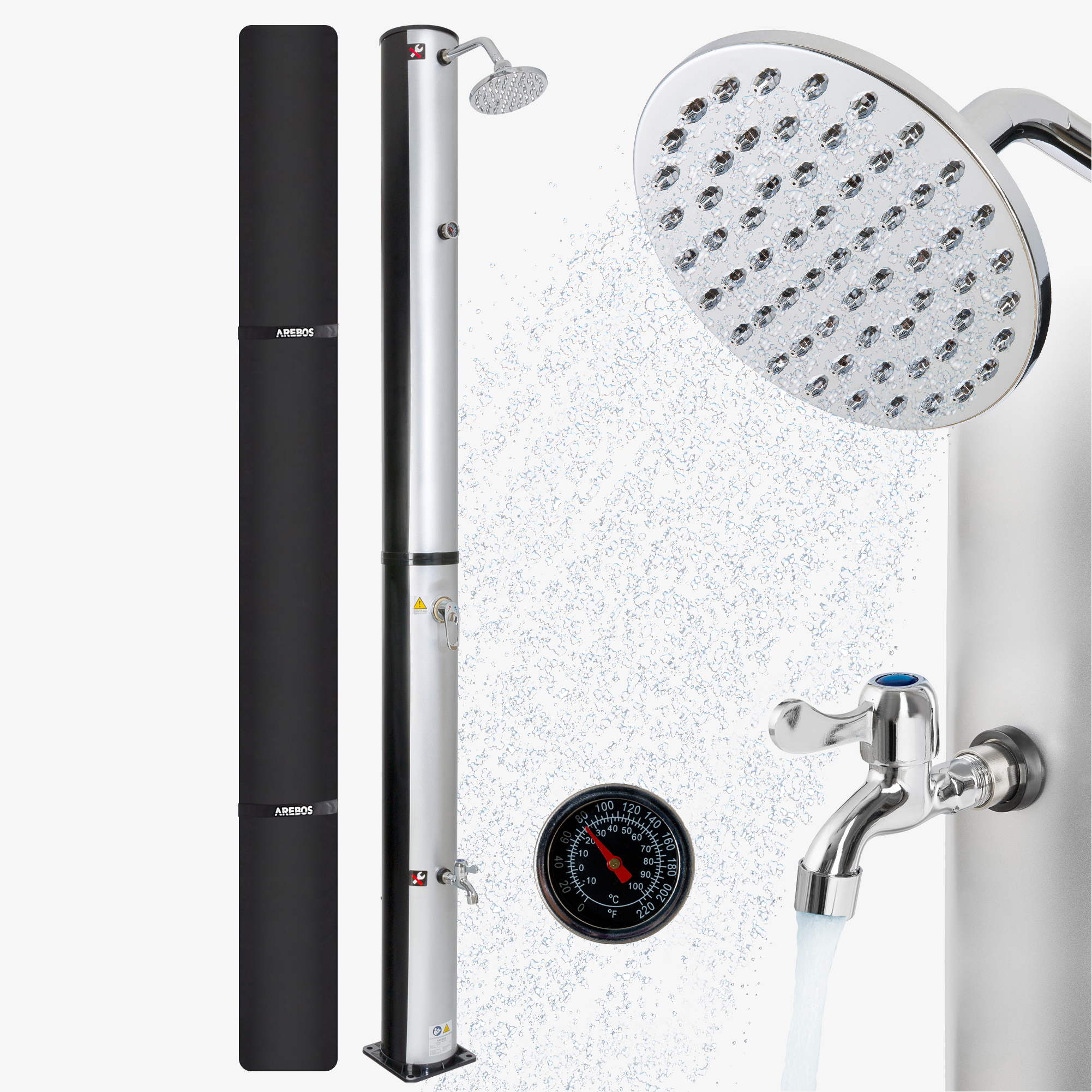 Arebos Zonnedouche 40L zilver met Thermometer, Snelkoppeling, incl. Kap, Voetdouche