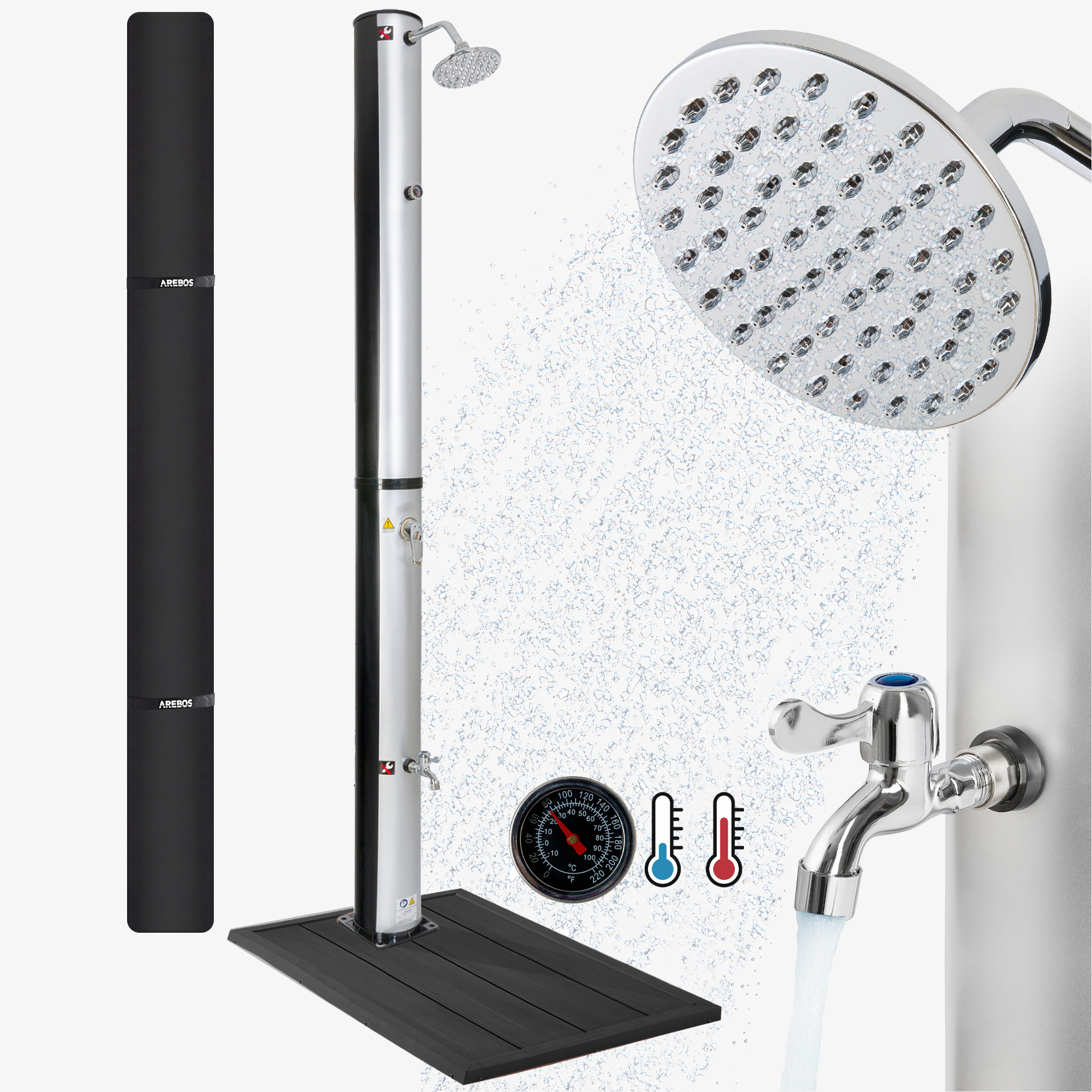 Arebos Zonnedouche 37L zilver & vloerelement antraciet, incl. motorkap & voetdouche, rond