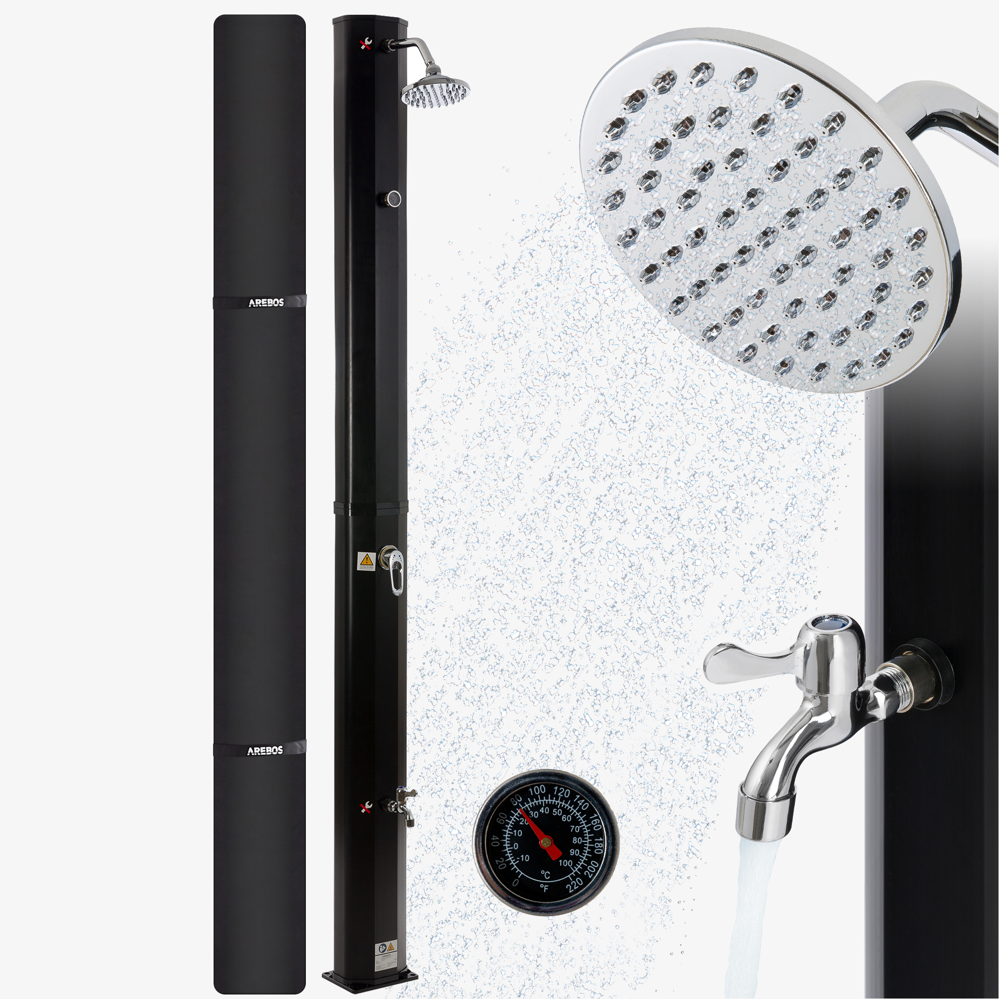 Arebos Zonnedouche 35L Zwart met thermometer, snelkoppeling, incl. kap, voetdouche