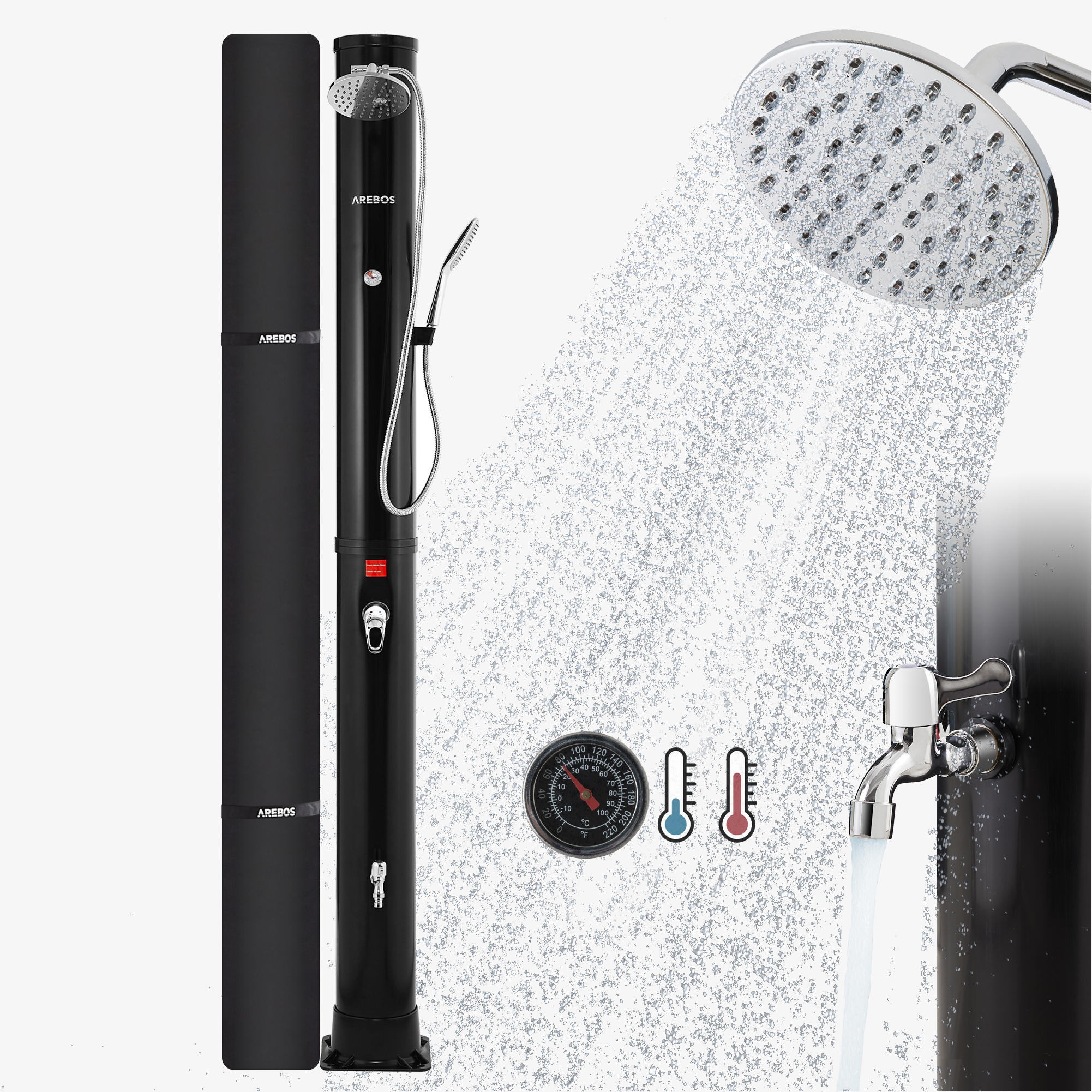 Arebos Zonnedouche 40L Premium Black met thermometer, handdouche, incl. kap, voetdouche
