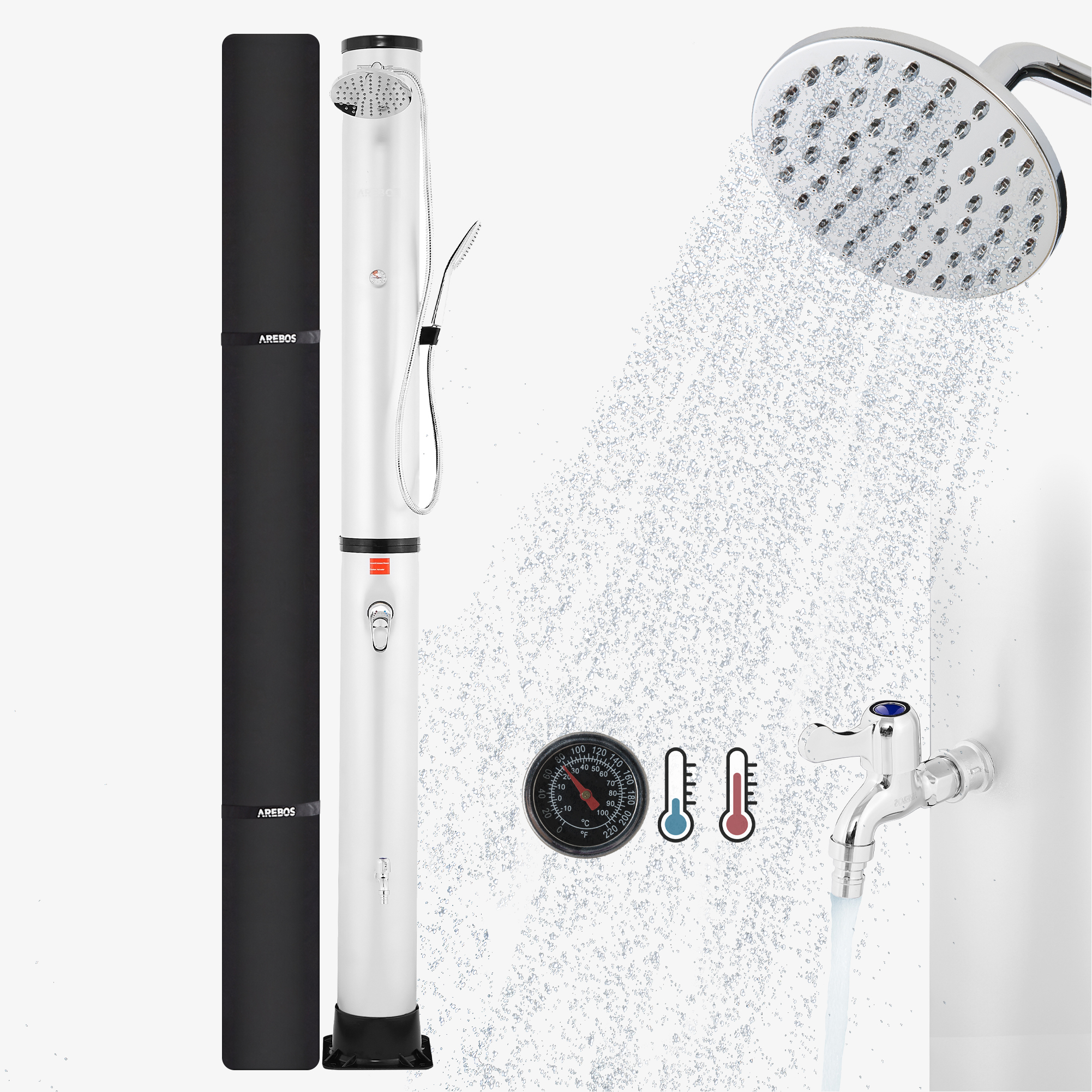Arebos Solar douche 40L Premium zilver met thermometer, handdouche, incl. motorkap, voetdouche