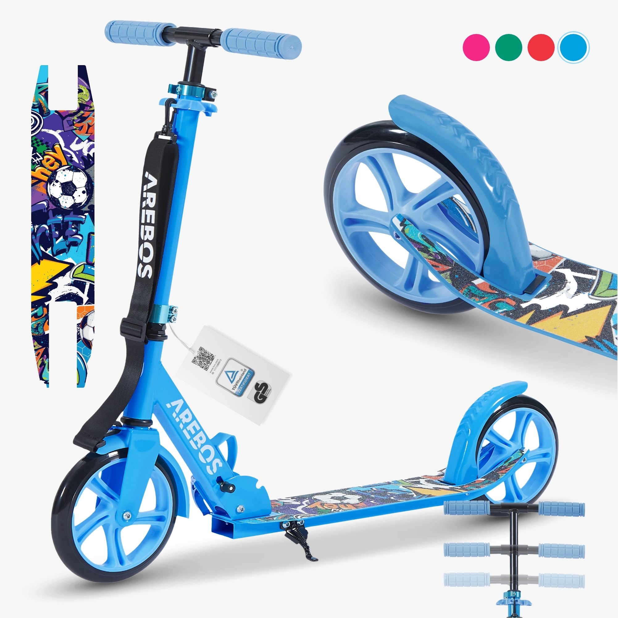 Arebos Grafitti step met pedaalrem, bel, kickstand, draagriem