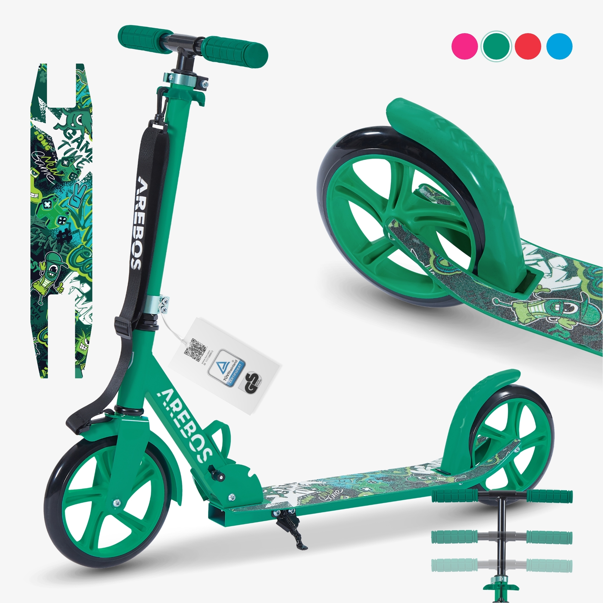 Arebos Grafitti step met pedaalrem, bel, kickstand, draagriem