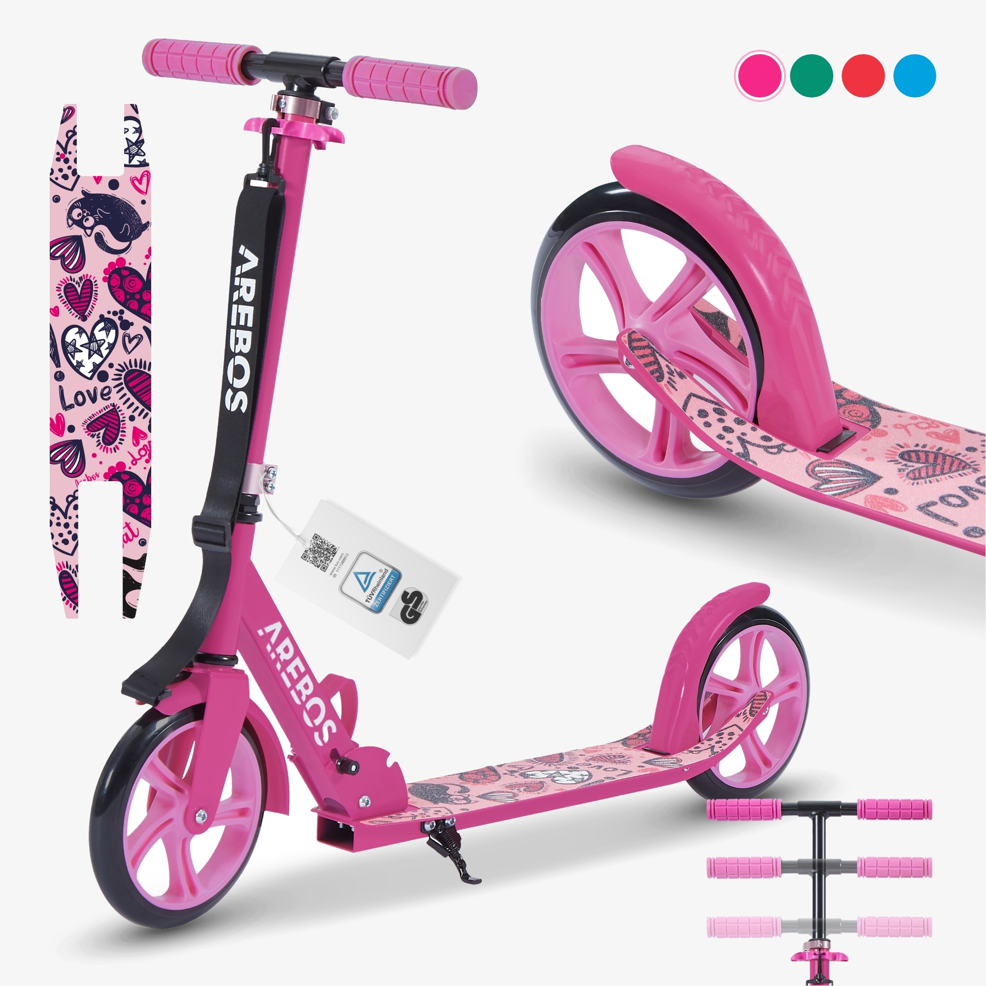 Arebos Grafitti step met pedaalrem, bel, kickstand, draagriem