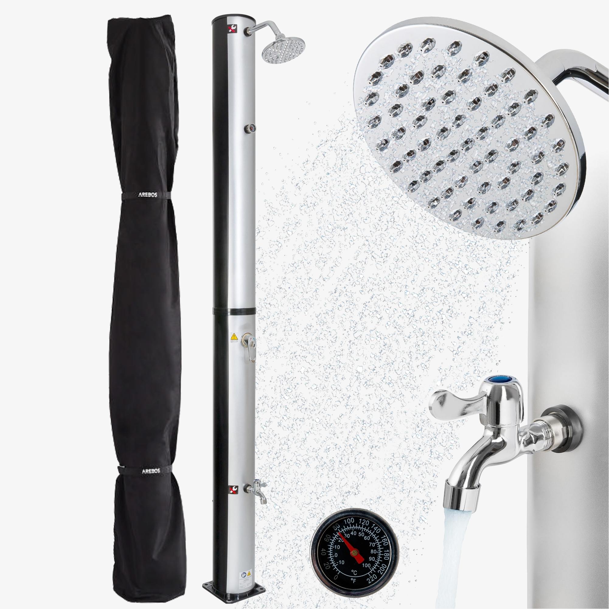 Arebos Zonnedouche 37L Zilver Ronde,Thermometer, Snelkoppeling, incl. Kap, Voetdouche