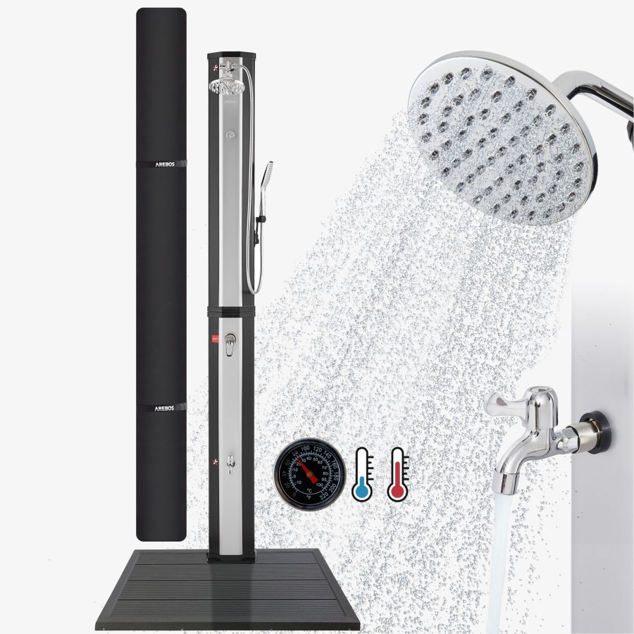 Solar douche 60L met thermometer en handdouche zwart-zilver met bodemplaat antraciet
