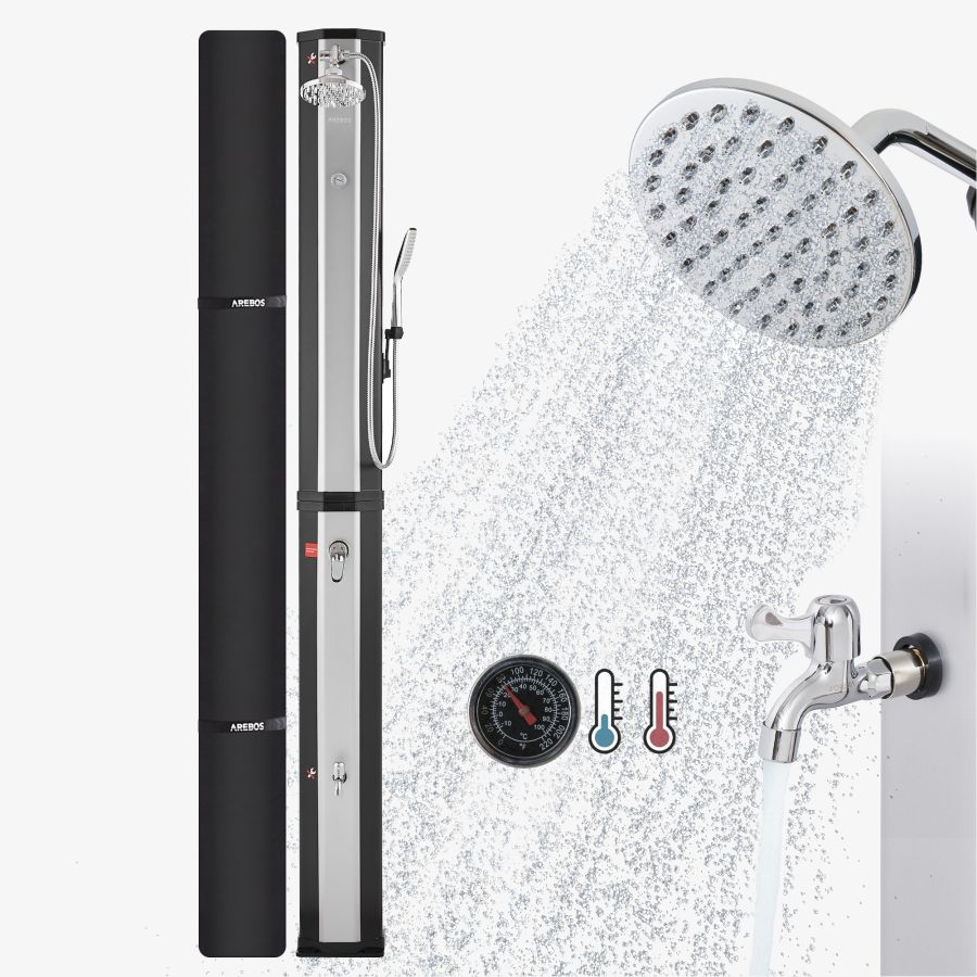 Solar Shower 60L met Handdouche en Themometer zwart/zilver